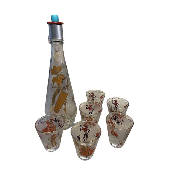 7 Pc. Mid Century Modern Libbey Flamenco Dancer Shot Glasses + Seagrams Decanter